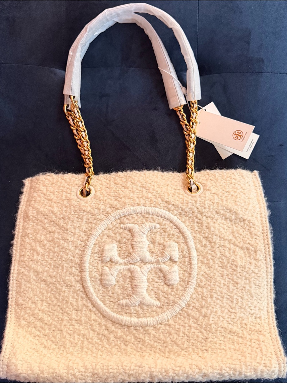 Tory Burch Ella Boucle Mini Tote Cream Chain Bag #86471